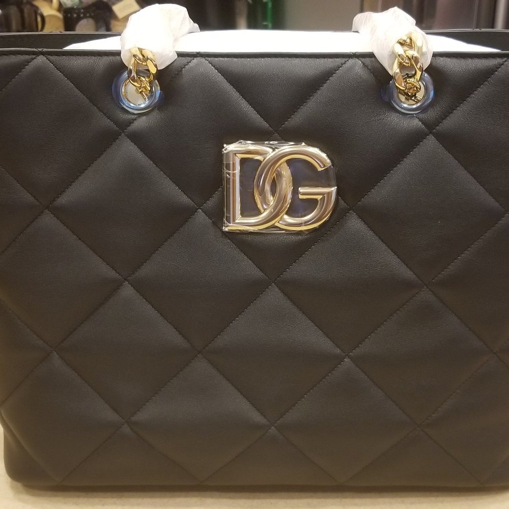 DOLCE & GABBANA DG ITALY BLACK GOLD QUILTED LEATHER SHOULDER SHOPPER BAG TOTE